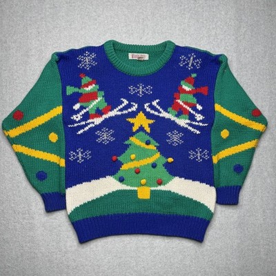 True Vintage Amanda Smith Ski Ugly Christmas Sweater Womens Medium Blue Green 