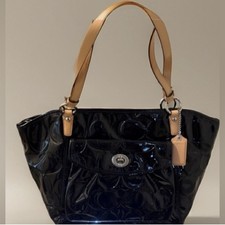 Coach Black Patent Tote with Beige Handles, Silver Hardware, Light Blue Lining