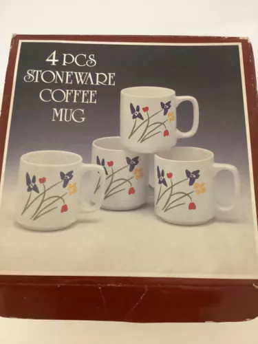 1980’s 4 Piece Stoneware Primary Colors Floral Mugs