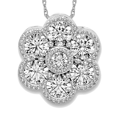 14K Solid White Gold Flower Diamond Floating Chain Slide Necklace