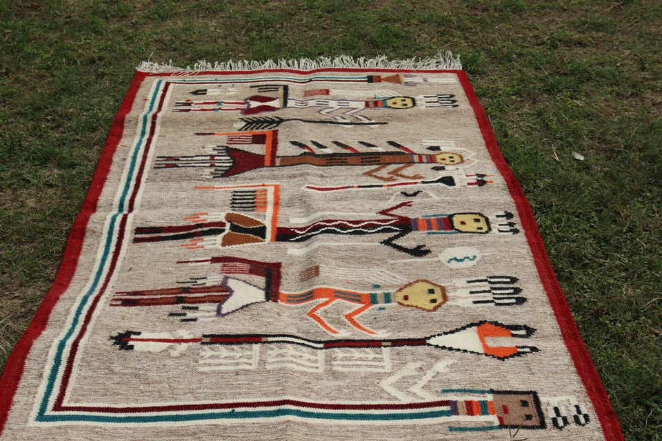 Alfombra Kilim Navajo de Lana Southwestern 4x6 pies Hecha a Mano Roja y Beige ESTILO CAUCÁSICO Foto 4 de 4