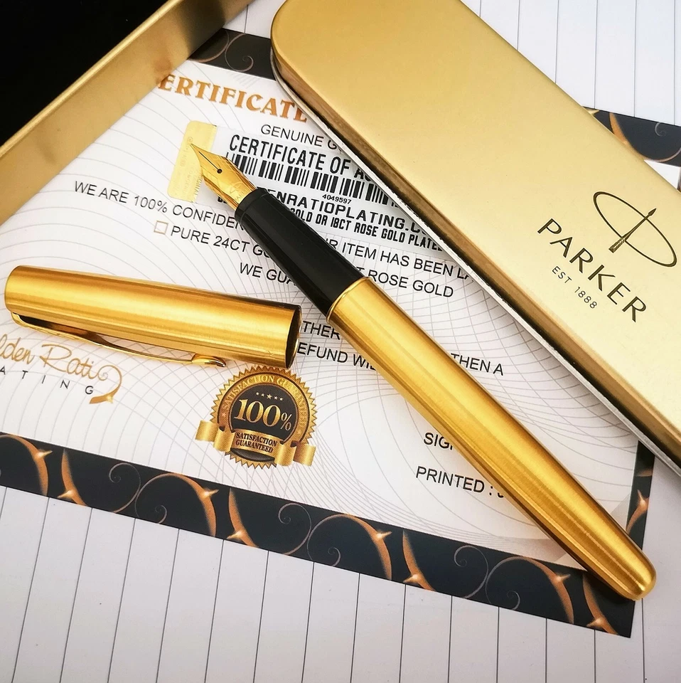 Frontier Parker Fountain Pen Fine Nib Blue Ink Gift Boxed 24ct Gold Plated - Image 3 of 4