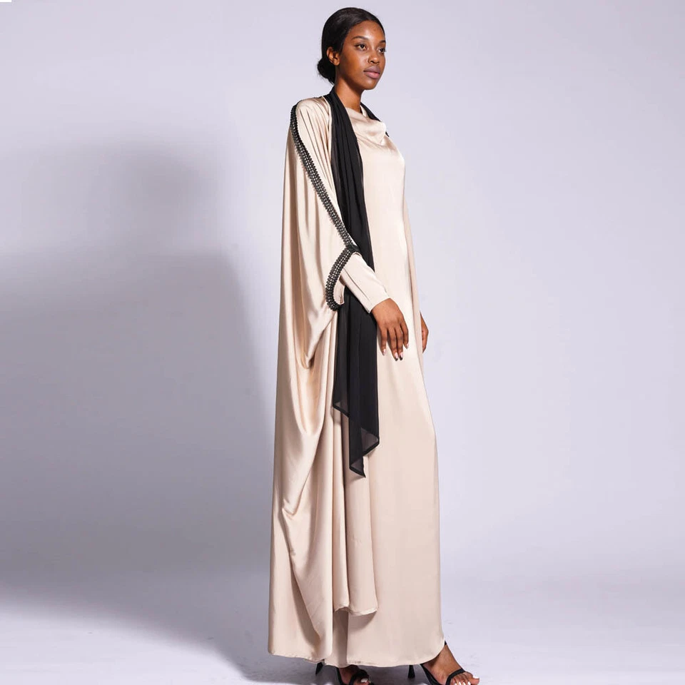 Conjunto de 2 piezas de vestidos de abayas de seda árabe de Dubai para mujer musulmana kimono cárdigan bata Foto 4 de 4