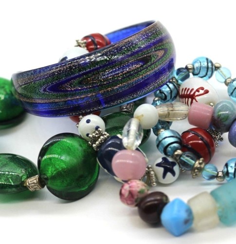  5 ARTGLASS BRACELETS foil glass cuff, anchor star sea glass stretch - Afbeelding 1 van 9