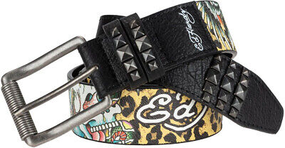 Ed Hardy Men's Leopard Skull Print Black Belt With Pyramid Ed Hardy Men's Leopard Skull Print Black Belt With Pyramid