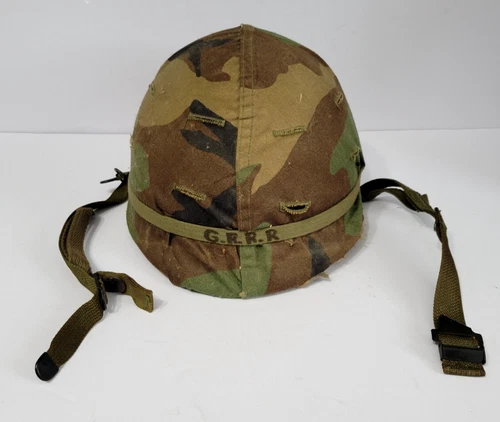 VINTAGE US Military Helmet w/ Camouflage Cover Vietnam Era M1 G.R.R.R Writing