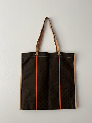 Cole Haan Brown Orange Waxed Canvas Leather Handles Tote Purse Bag