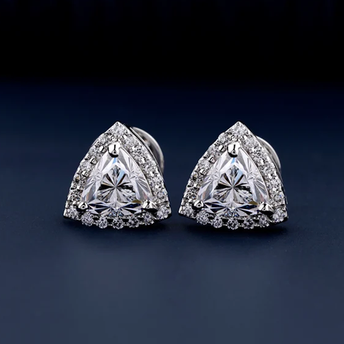 2.05TCW Trillion Cut Moissanite Halo Screw Back Earring in 14k White Gold Plated - Picture 5 of 9