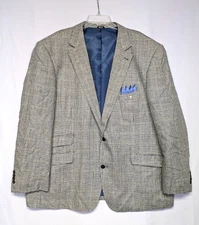 Oak Hill Sport Coat Mens 2XL Beige Multi Check Linen Rayon Blend 50R 52R Blazer