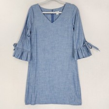 J Crew Dress Womens 0 Blue Chambray 3/4 Length Ruffle Flare Sleeve Cotton Shift