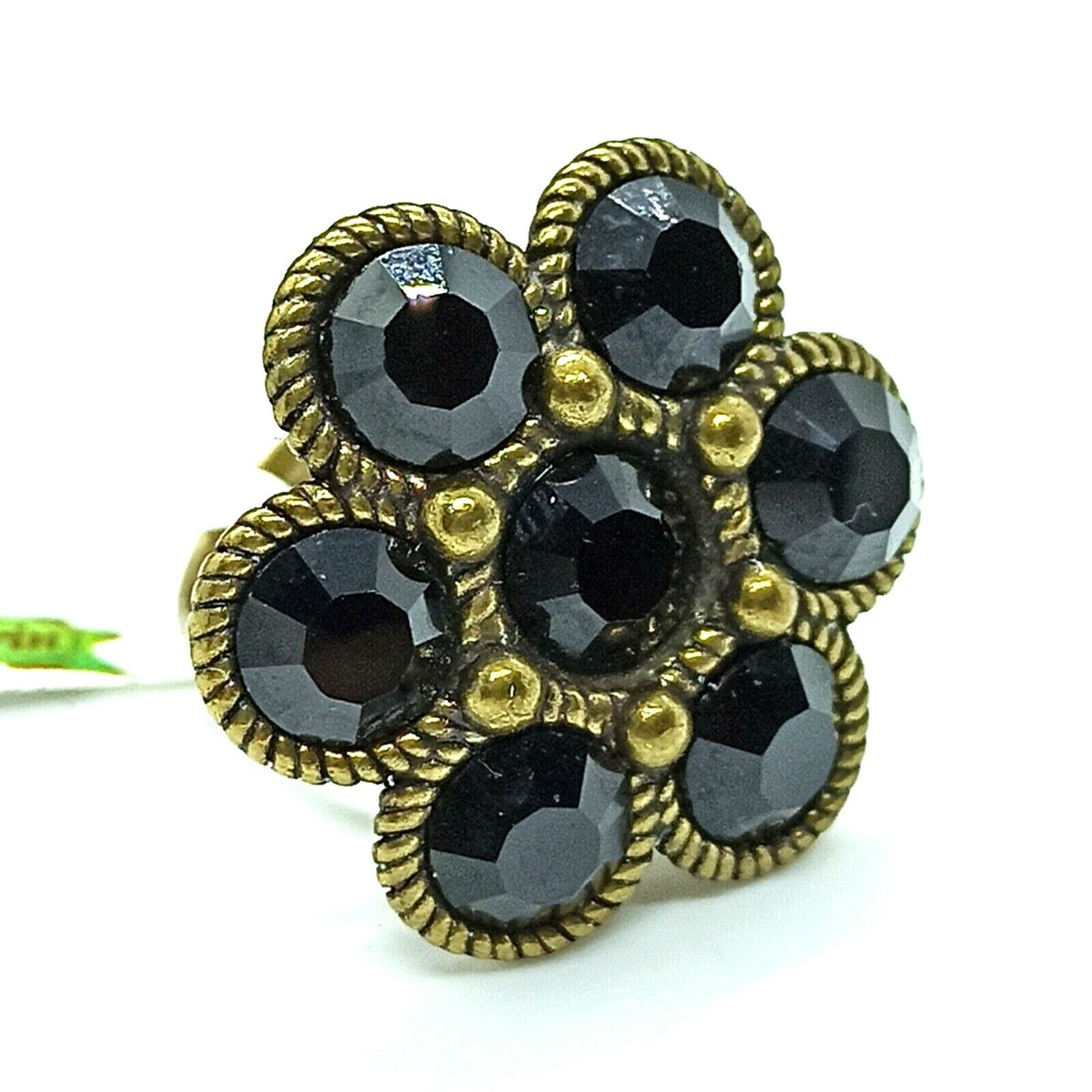 Michal Negrin Ring Gothic Large Chunky Black Flower With Swarovski
