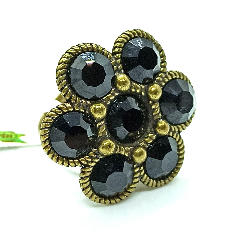 Michal Negrin Ring Gothic Large Chunky Black Flower With Swarovski Crystals New - Image 2 of 4