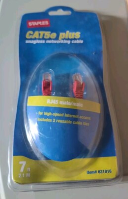 NEW CAT5e Plus Snagless Networking Cable RJ45 male/male 7  Red #631016 Staples