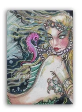 aceo original art, Mermaid with Pink Seahorse,,colorful mini painting