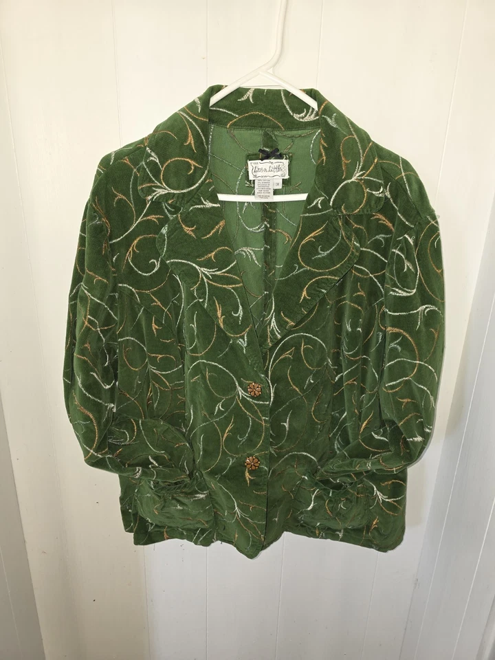 Chaqueta de pana para mujer Live a Little usada en excelente estado verde con bordado dorado retro Foto 4 de 4