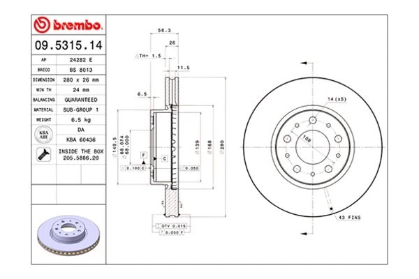 For Volvo 940 91-95 Brembo 09.5315.14 Replacement Plain Vented Front Brake Rotor Foto 2 de 4