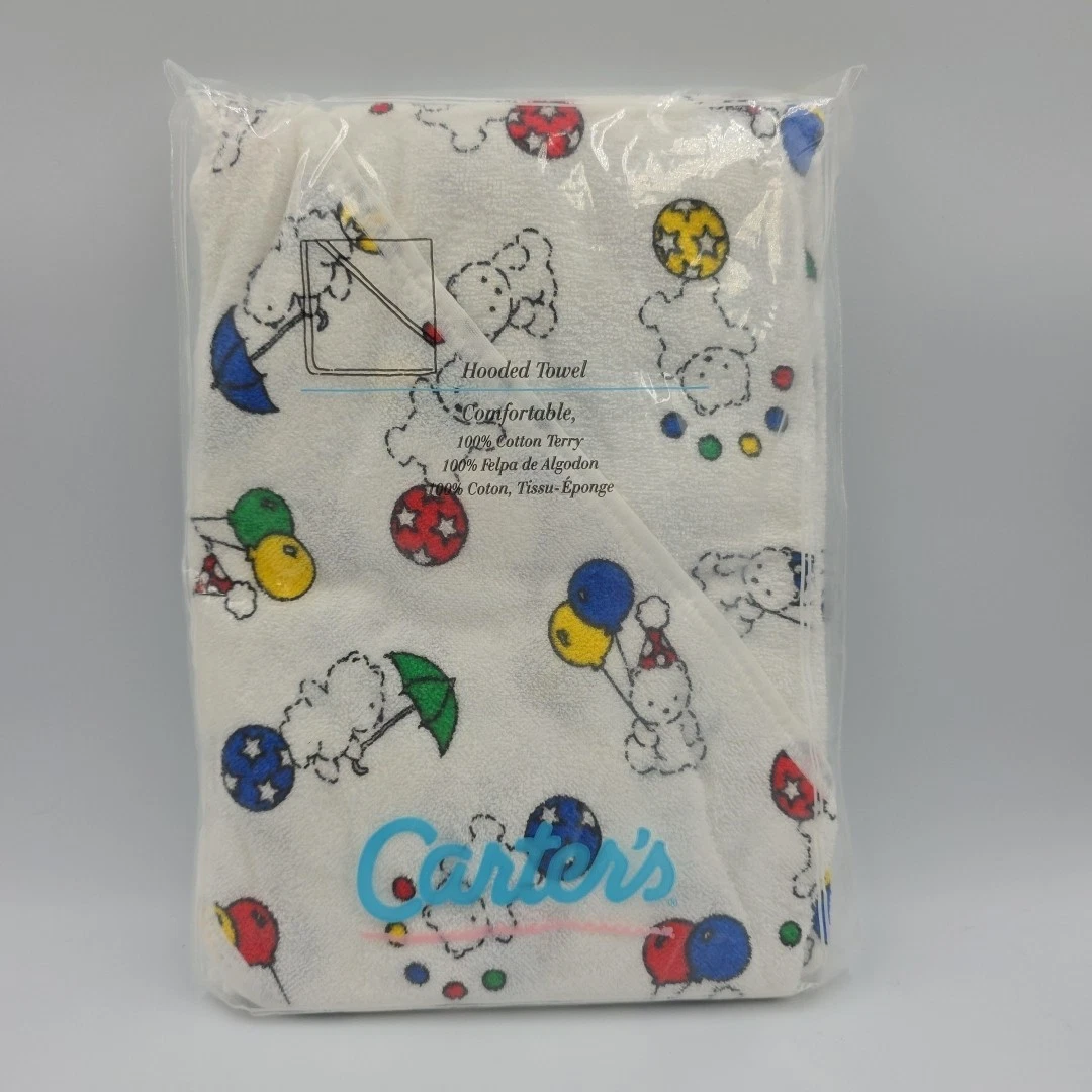 Carter's Vintage Towel Hooded 100% Cotton Made in USA, Teddy Bear Balloon NOS