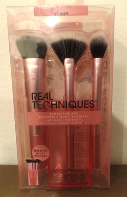MAKEUP BRUSHES, REAL TECHNIQUES, 3 PC SCULPTING SET + BONUS STORAGE, PINK, NEW