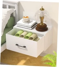  Floating Nightstand Shelf with Drawer, Wall Mounted Nightstand, Floating White