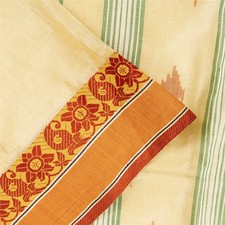 Sanskriti Vintage Sarees Ivory Tant Hand Wovenpure Cotton Sari 5 Yd Craft Fabric