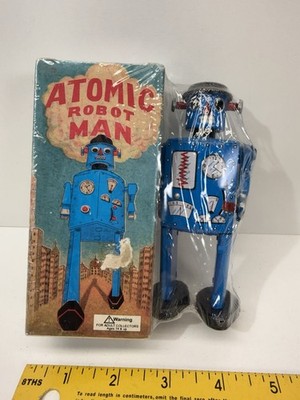 1997 Schylling Blue Atomic Robot Man - Tin Wind-Up Toy w/Box