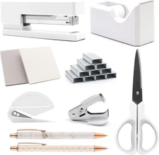 White Office Supplies,  White Desk Accessories, Stapler and Tape Dispenser Se...