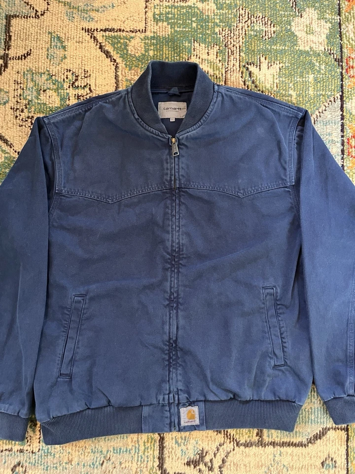 Carhartt WIP OG Santa Fe Bomber Jacket Stone Washed Blue Large Cotton Canvas - Image 4 of 4