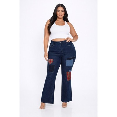 Studio Park Patchwork Flare Dark Washed Jeans Women 18W Blue NWT