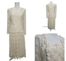Vintage Cream Ivory Lace Drop Waist Midi Dress Victorian Cottage Wedding READ