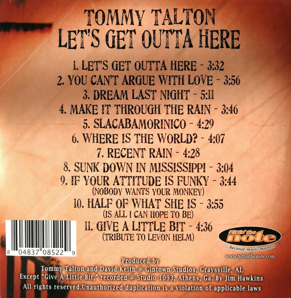Tommy Talton – Let's Get Outta Here (2012) (Cowboy, Gregg Allman ...) sehr gut - Bild 2 von 2
