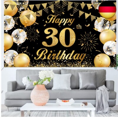 30. Geburtstag Deko Banner 2er Set - Schwarz Gold Partydekoration 180x30cm