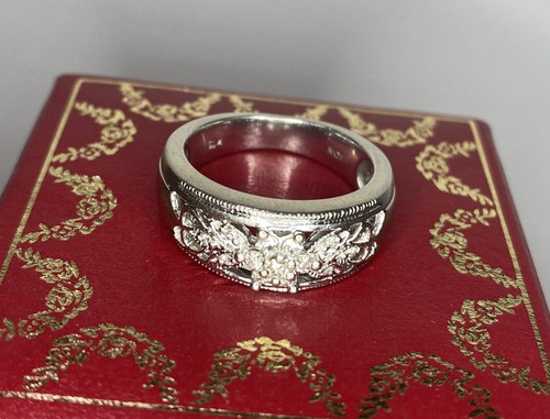WOW 10k Weißgold Diamant Blume filigran Edwardian Hochzeitsband Antik Ring 7 - Bild 10 von 12