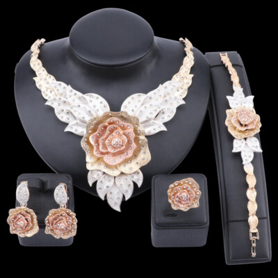 Women Party Bridal Crystal Rose Flower Necklace Ring Dinner Dress Jewelry  Sets