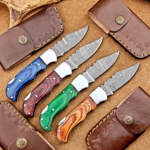 LOT OF 4 PCS! Handmade Damascus Pocket Knives – Folding Knives, W/Sheath IT-1336 - Picture 2 of 12