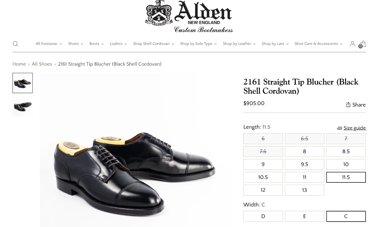 Alden 2161 Black Shell Cordovan Straight Tip Blucher US 11 1 Alden 2161 Black Shell Cordovan Straight Tip Blucher US 11 1