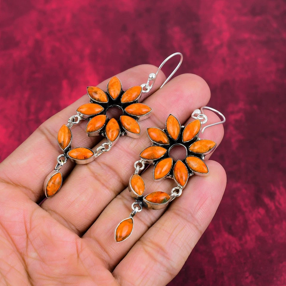 Pendientes de plata de ley 925 hechos a mano con piedras preciosas de coral esponja naranja joyería Foto 2 de 4