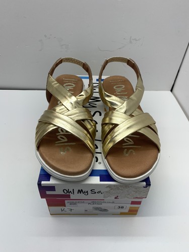 Ladies oh my sandals open toe ankle strap gold low wedge heel comfort UK 5 - Picture 2 of 9