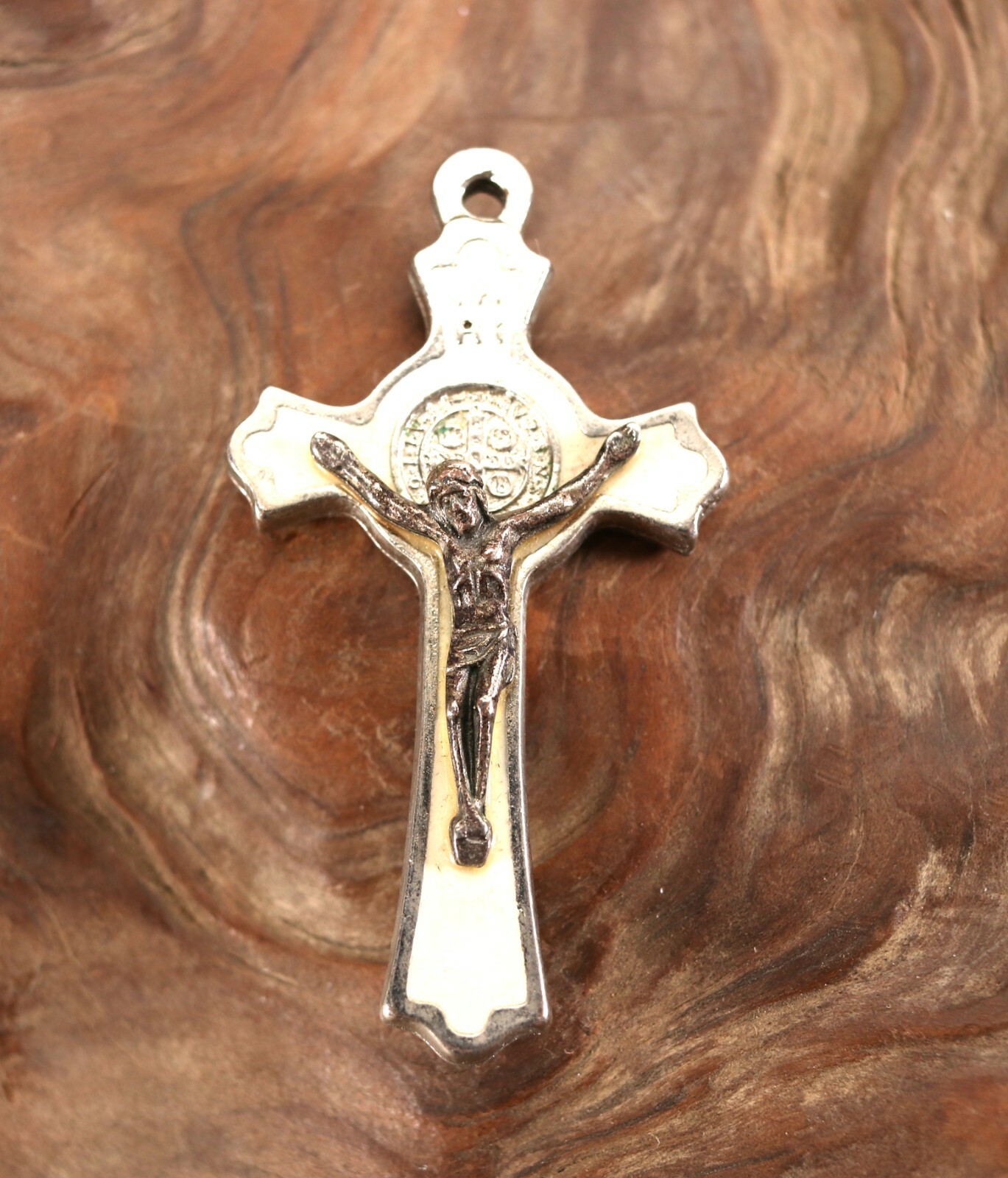 Vintage INRI Crucifix Catholic Jesus Christian Cross Pendant White Enamel