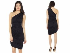 Halston Heritage One Shoulder Draped Short Dress Black Jersey Ruched asymmetrica