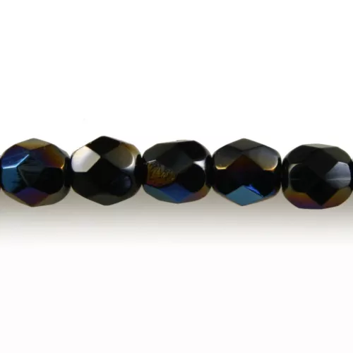 Jet Black Azuro - 50 6mm Round Faceted Czech Glass Fire Polish Beads