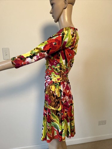 Vestido Eci Floral Leopardo Estampado de Animal Elastizado Imitación Envolvente Tiki Hawaiano Colorido S - Imagen 8 de 17