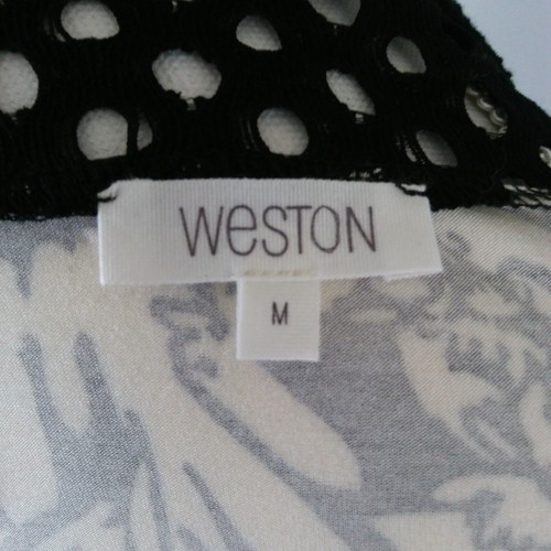 Weston Womens Shirt Blouse Medium Slinky Lace Detail Black Off White Leaf Print - Picture 7 of 8