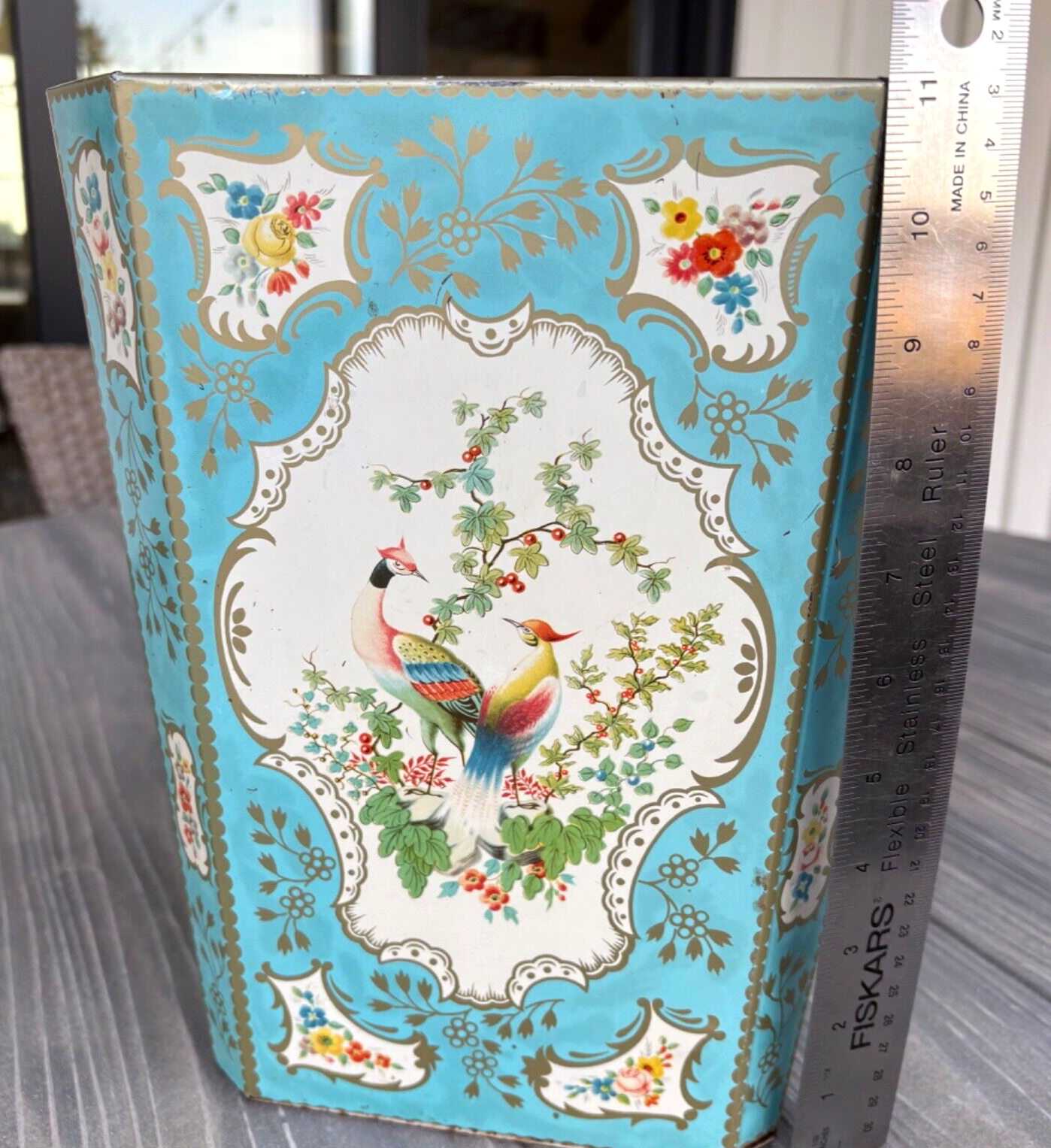 Vintage MCM Baret Ware Chelsea, England Metal  Waste Paper Basket Turquoise Bird