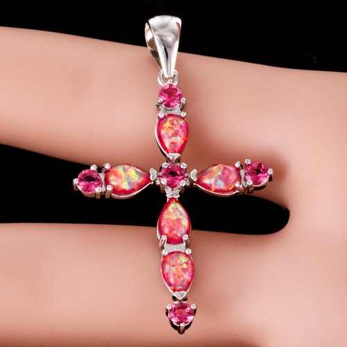 Gothic Cross Simulated Ruby Red Fire Opal Silver Filled Jewelry Necklace Pendant - Picture 3 of 6
