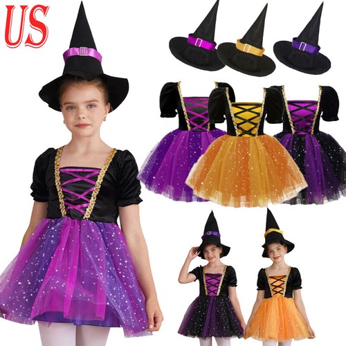 Kids Witch Costume Outfits Short Sleeve Sparkly Stars Dress Pointed With Hat - Picture 1 of 38