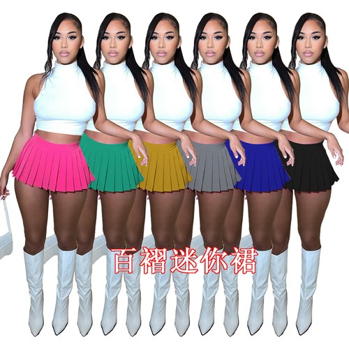 Fashion Women All-matched High Waist Solid Color Bodycon Pleated Mini Skirt