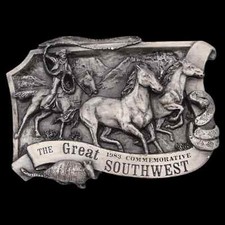 Southwest Commemorative Wild Horses Cowboy Lasso 1983 Vintage Belt Buckle