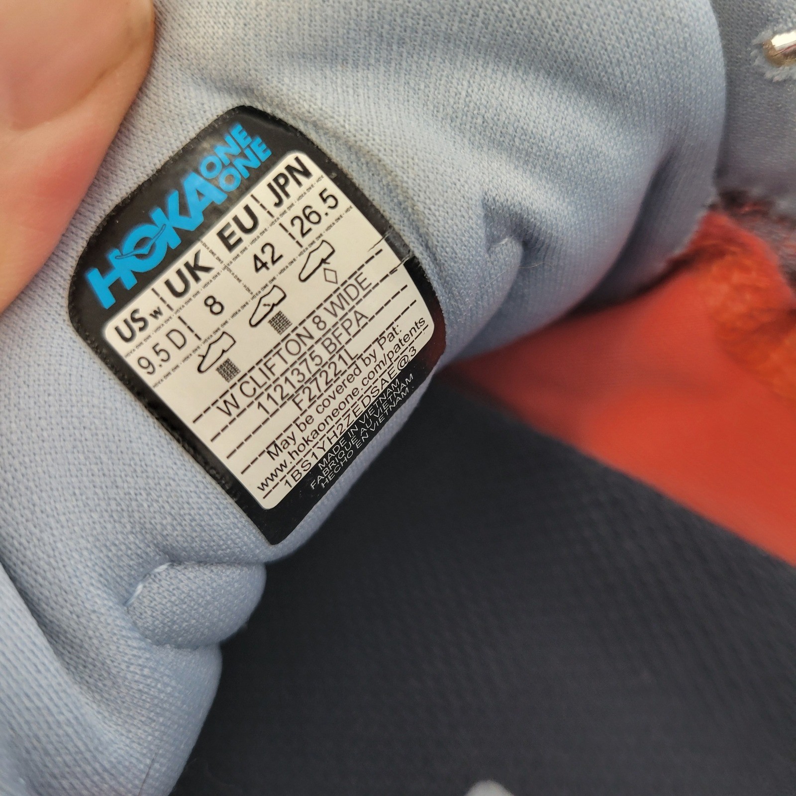 Hoka One One Clifton 8 Womens 9.5 Wide Blue Orange Running Shoes 1121375 thumbnail 3