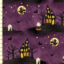 3 Wishes Fabric | Boo Y'All Halloween Haunted House Moon Witch Purple | YARD