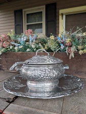 Arthur Court Aluminum Grape Ivy Soup Tureen Server w/ Ladle and Serving Platter